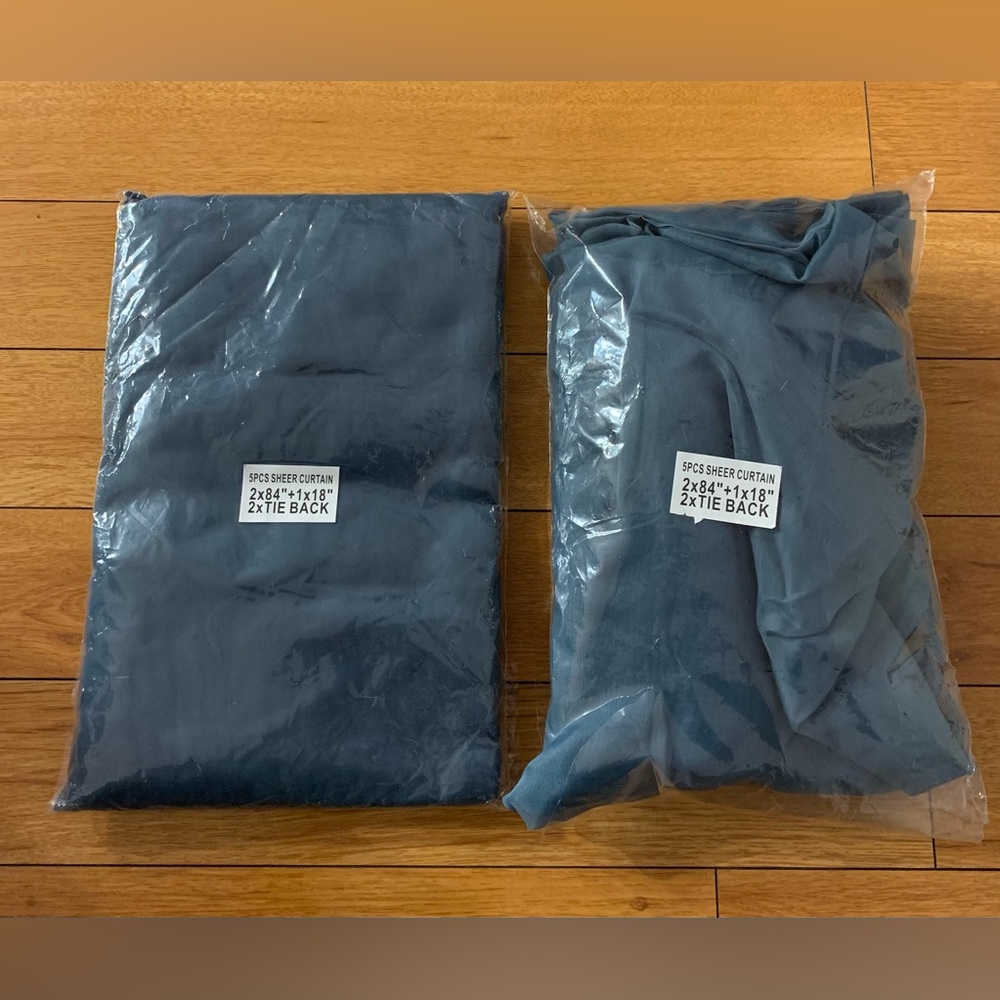 Blue Sheer Curtains Sets, 5 Piece (2ea.58”x84” 1ea. 80”x18” 2ea. Tie Back.) New